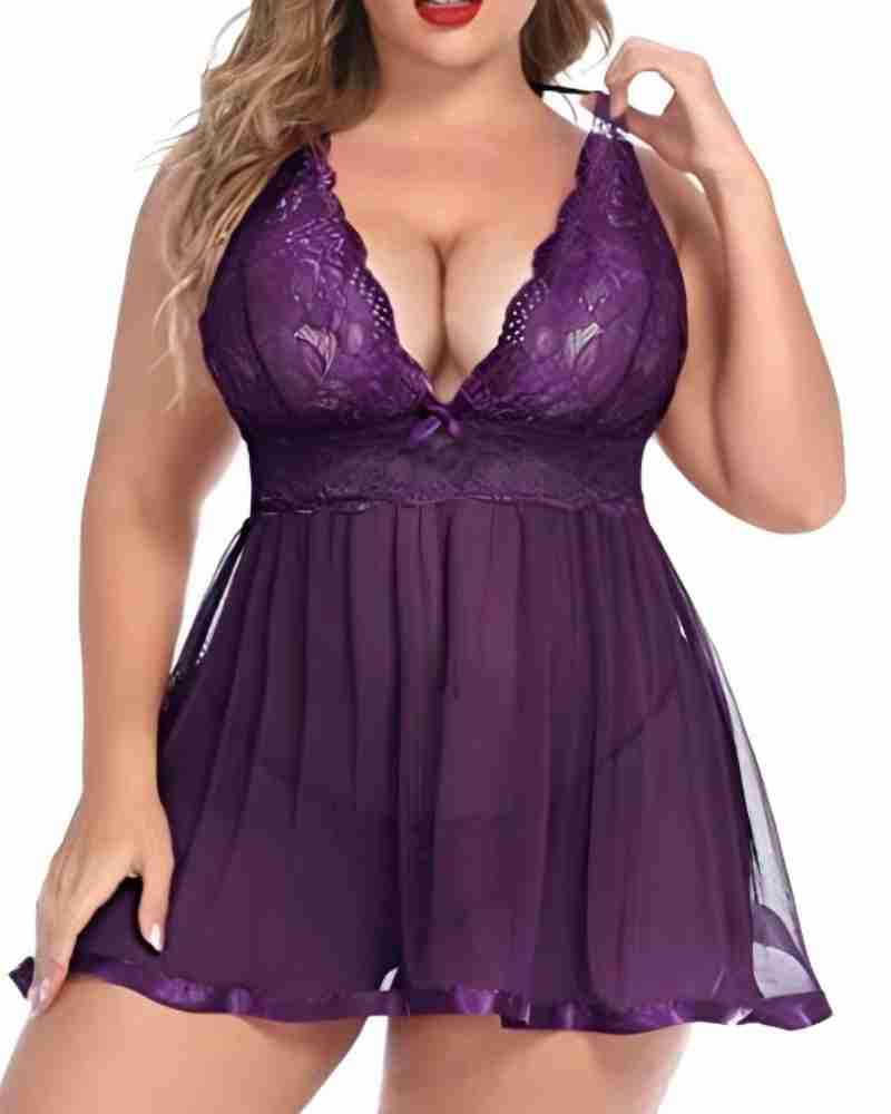 Plus Size Black Lace Babydoll with Scalloped Edges-Lingerie Set-Bellascena-Purple-L-bellascena
