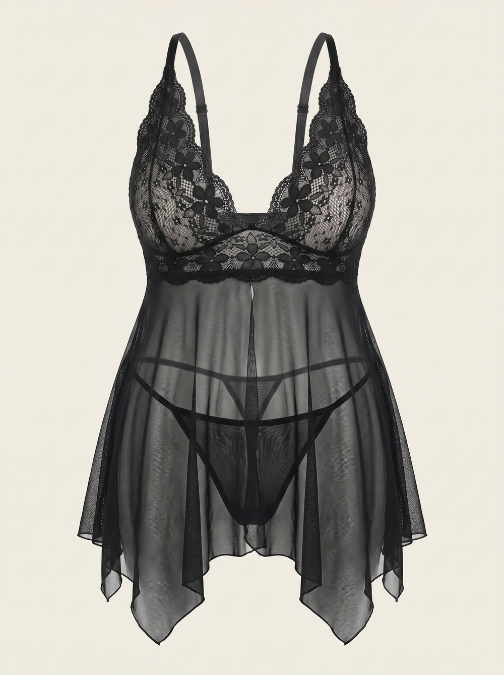 Set chemise in pizzo nero per taglie forti con mutandine