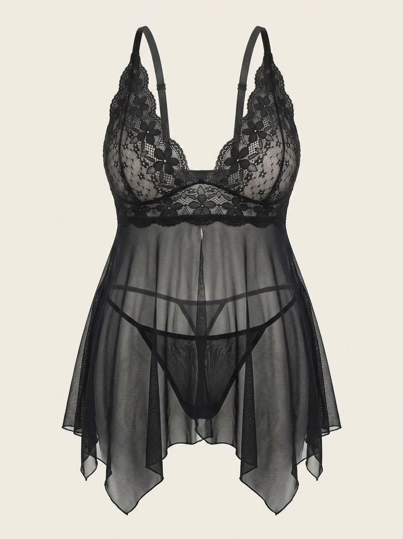 Set chemise in pizzo nero per taglie forti con mutandine