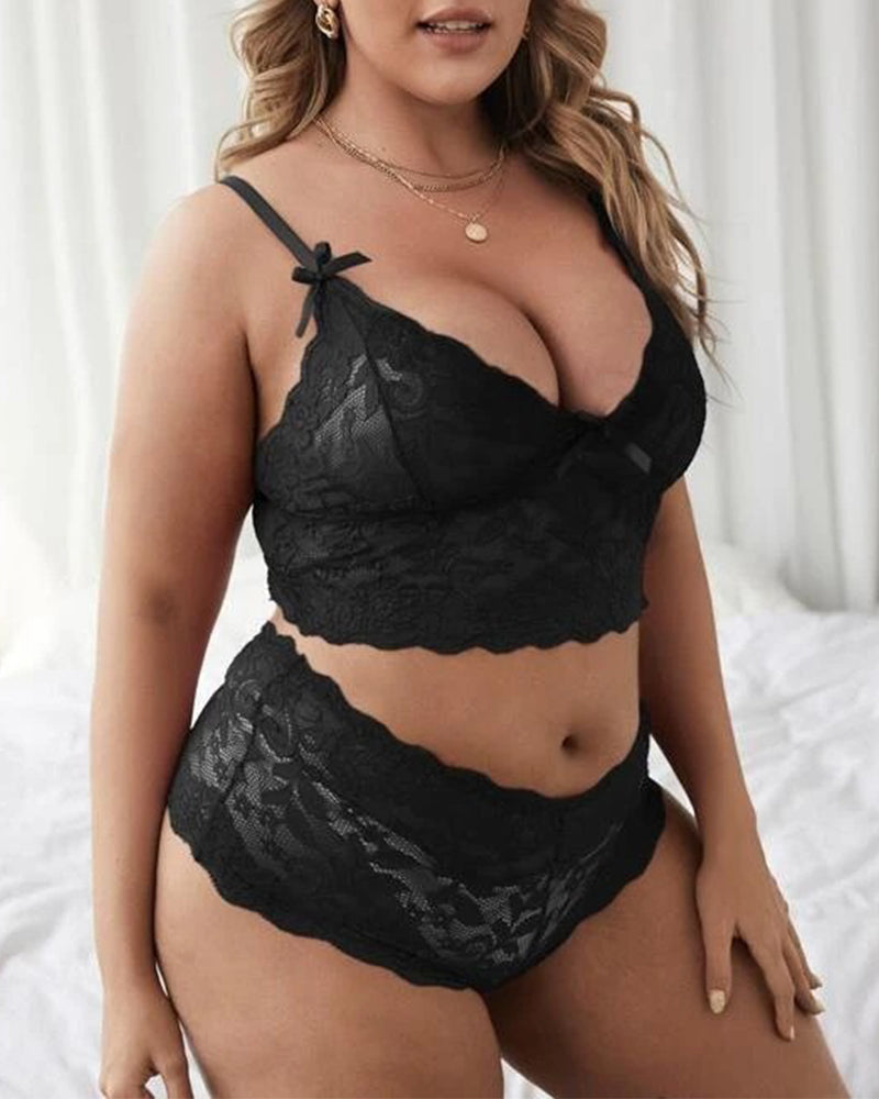 Plus Size Black Lace Lingerie Set with Sheer Strappy Detail-Lingerie Set-Bellascena-bellascena