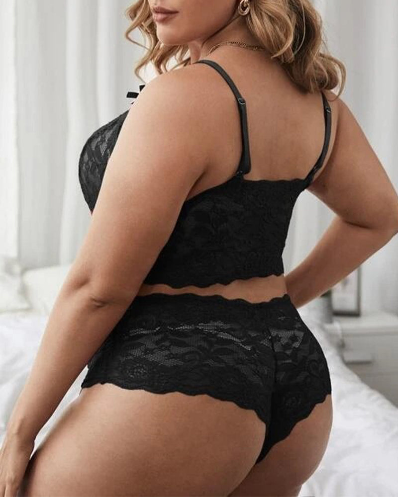 Plus Size Black Lace Lingerie Set with Sheer Strappy Detail-Lingerie Set-Bellascena-bellascena