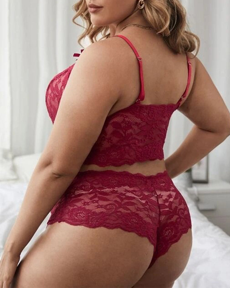Plus Size Black Lace Lingerie Set with Sheer Strappy Detail-Lingerie Set-Bellascena-bellascena