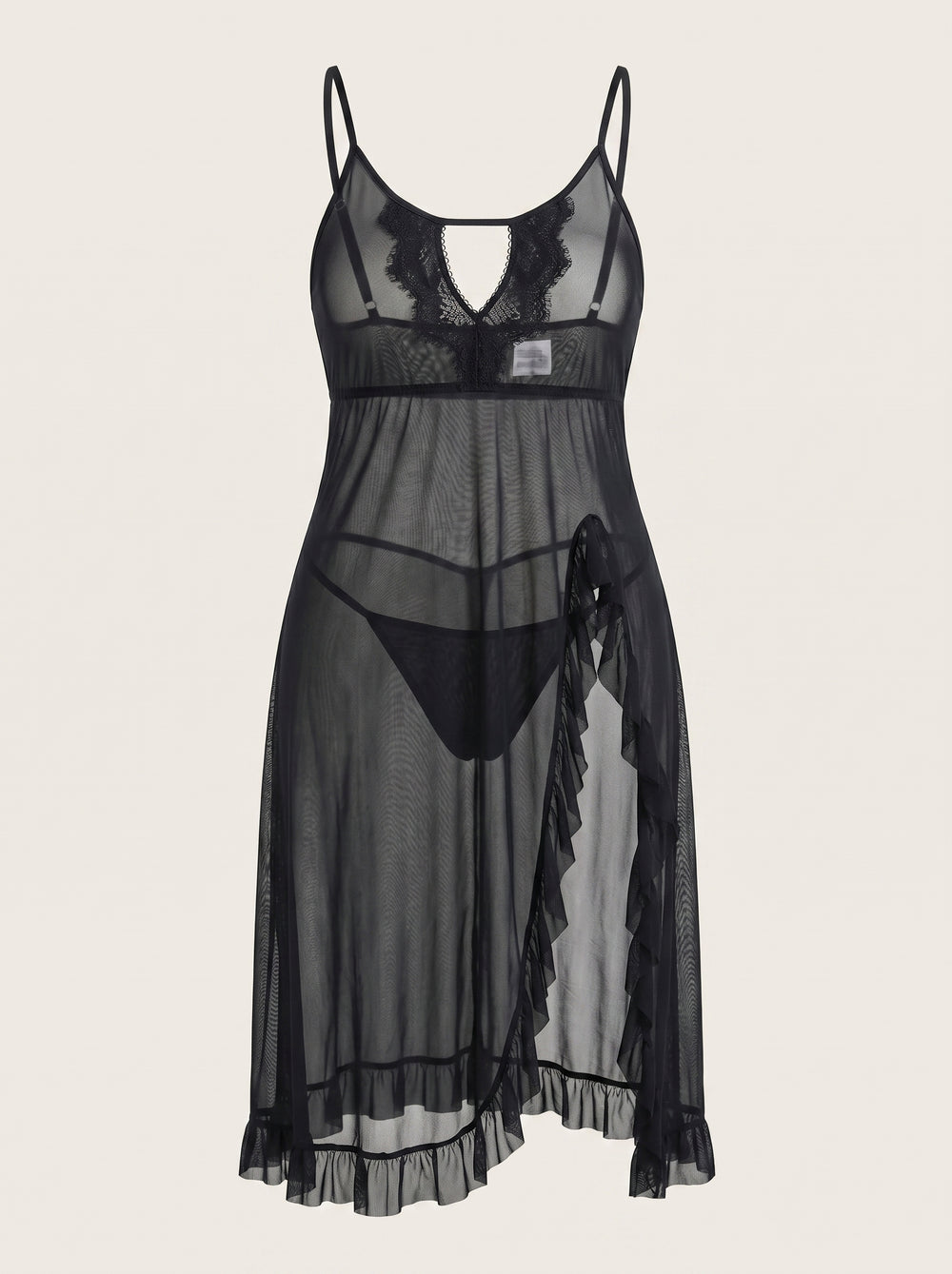 Camicia da notte in rete e pizzo nero per taglie forti con dettagli a volant