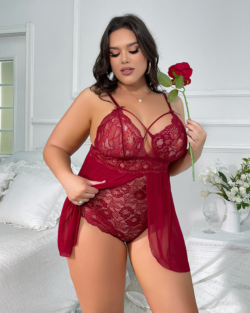 Plus Size Black Lace Nightgown with Strappy Detail-Bodysuit-Bellascena-bellascena
