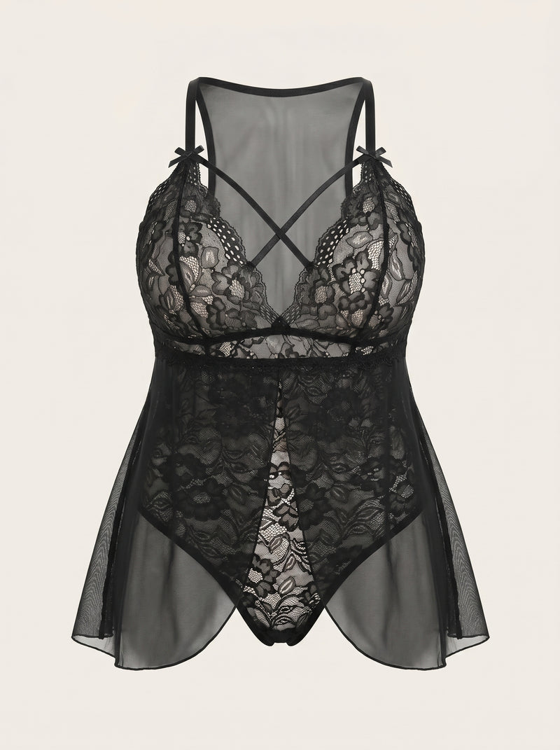 Plus Size Black Lace Nightgown with Strappy Detail