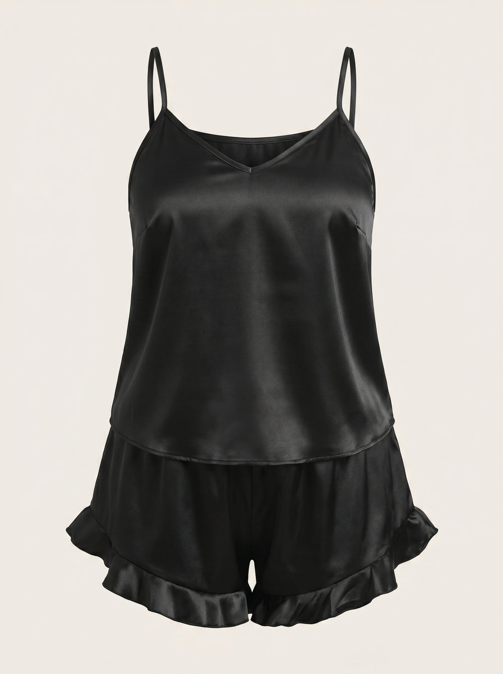 Set pigiama nero in raso con pantaloncini con volant, taglie forti