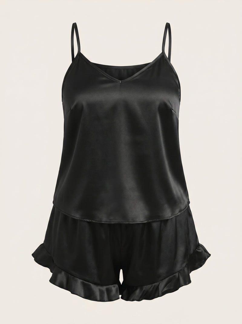 Plus Size Black Satin Pajama Set with Ruffle Shorts