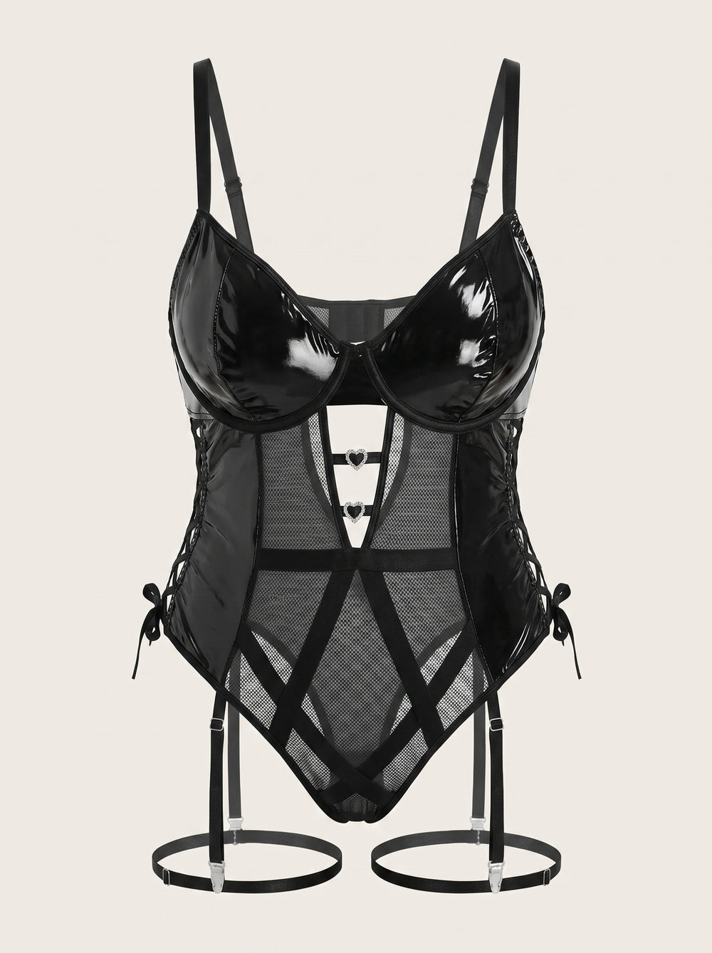 Plus Size Black Vinyl Bodysuit with Strappy Cutouts