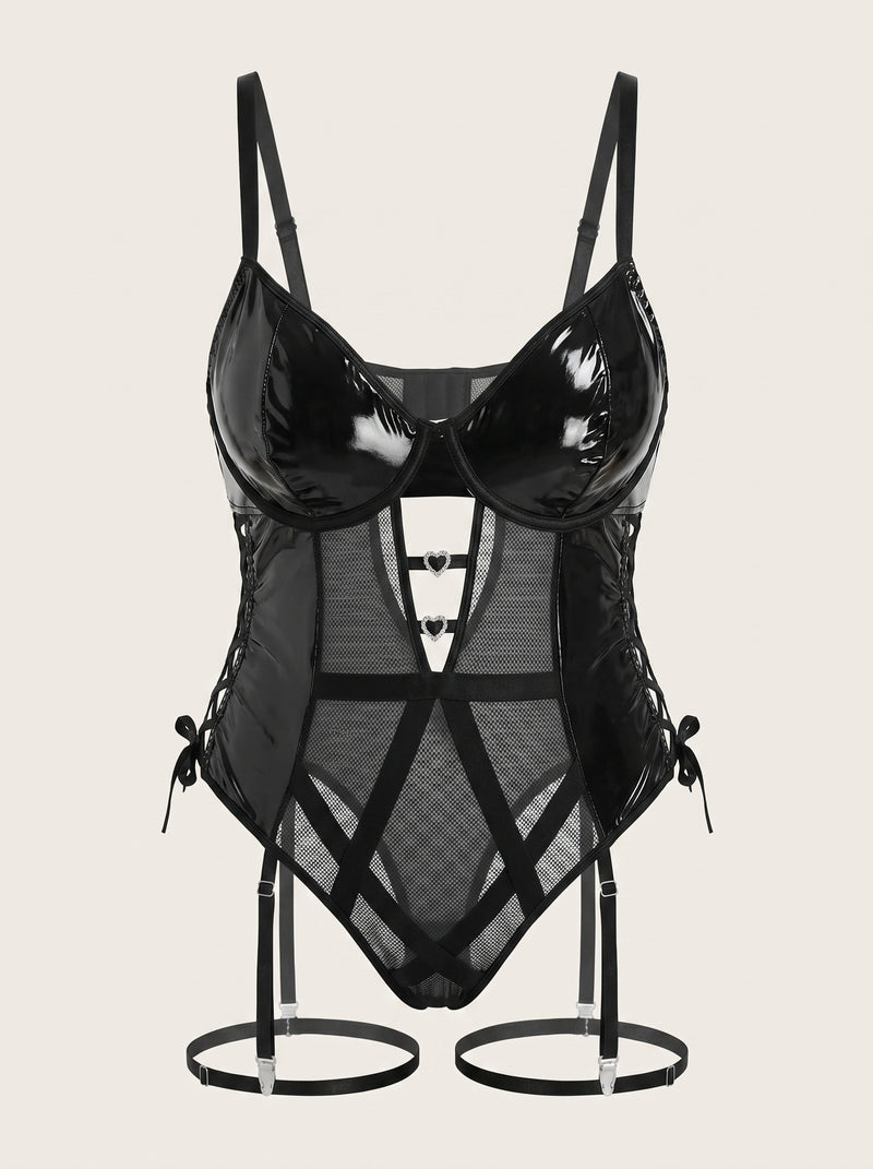 Plus Size Black Vinyl Bodysuit with Strappy Cutouts