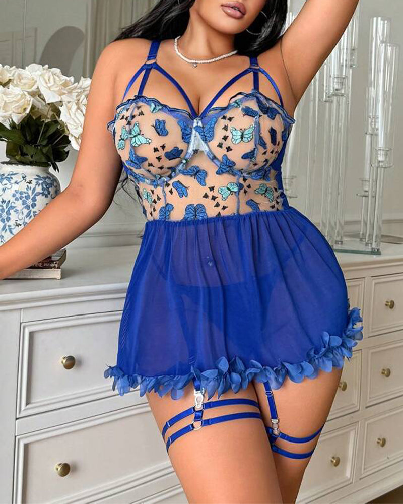 Plus Size Butterfly Print Mesh Babydoll Set with Strappy Detail-Nightgown-Bellascena-bellascena