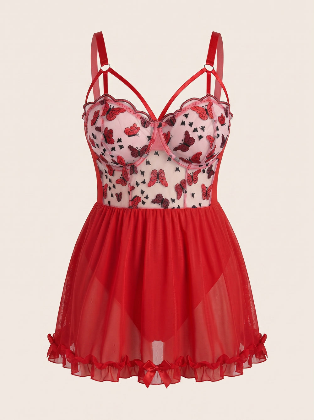Set babydoll in rete con stampa di farfalle e dettagli a strisce, taglie forti