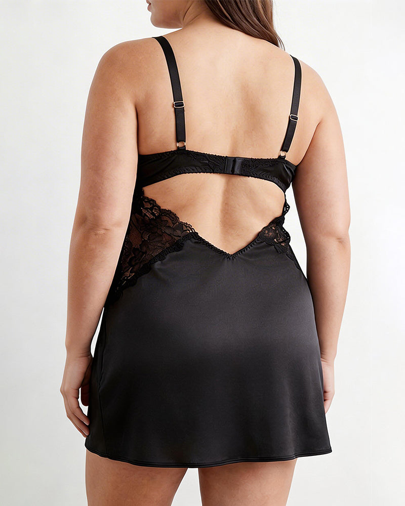 Plus Size Champagne Satin Chemise with Lace Trim and Deep V-Neck-Nightgown-Bellascena-bellascena