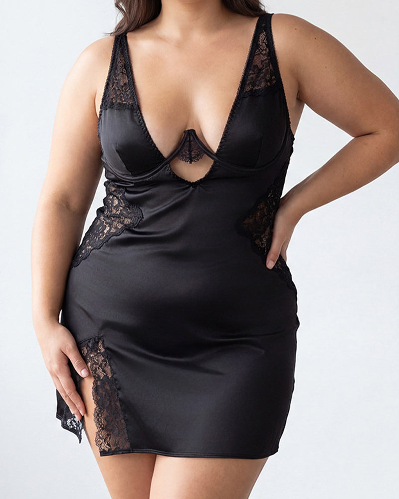 Plus Size Champagne Satin Chemise with Lace Trim and Deep V-Neck-Nightgown-Bellascena-Black-S-bellascena