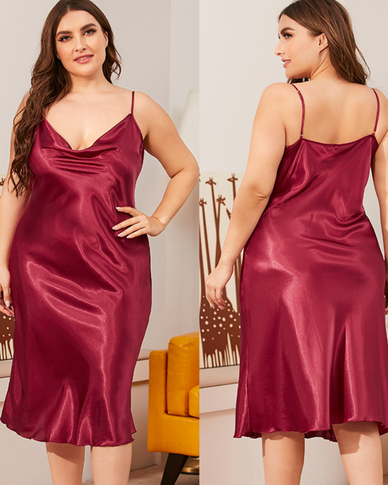 Plus Size Champagne Satin Nightgown with Adjustable Straps-Nightgown-Bellascena-bellascena