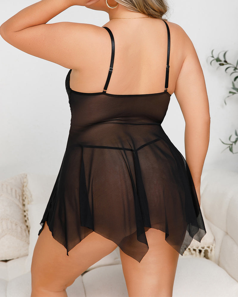 Plus Size Dark Navy Blue Lace Nightgown with Sheer Lace Detail-Nightgown-Bellascena-bellascena