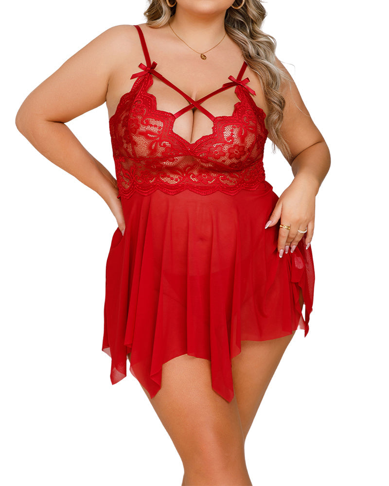 Plus Size Dark Navy Blue Lace Nightgown with Sheer Lace Detail-Nightgown-Bellascena-bellascena