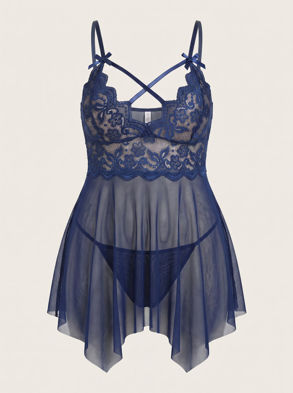 Camicia da notte in pizzo blu navy scuro per taglie forti con dettaglio in pizzo trasparente