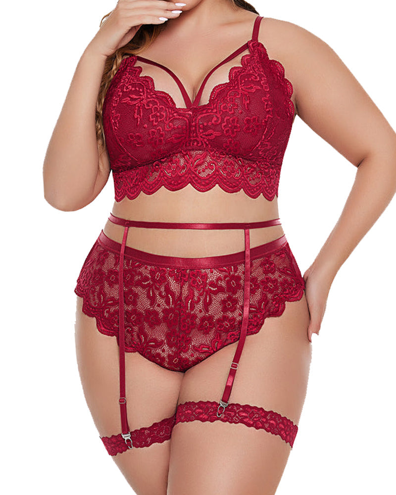 Plus Size Deep Red Lace Bodysuit with Scalloped Edges-Bodysuit-Bellascena-bellascena