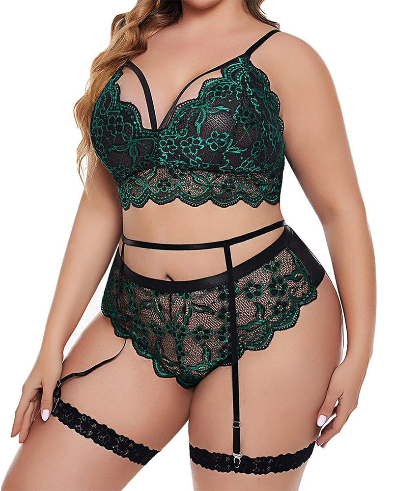 Plus Size Deep Red Lace Bodysuit with Scalloped Edges-Bodysuit-Bellascena-bellascena