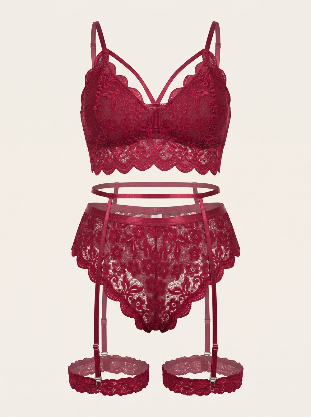 Set di lingerie in pizzo rosso intenso per taglie forti con bordi smerlati