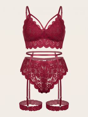 Plus Size Deep Red Lace Bodysuit with Scalloped Edges-Bodysuit-Bellascena-Red-S-bellascena
