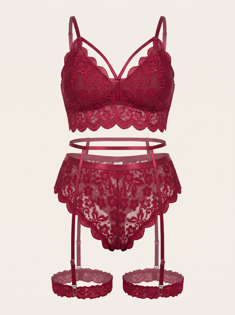 Plus Size Deep Red Lace Bodysuit with Scalloped Edges