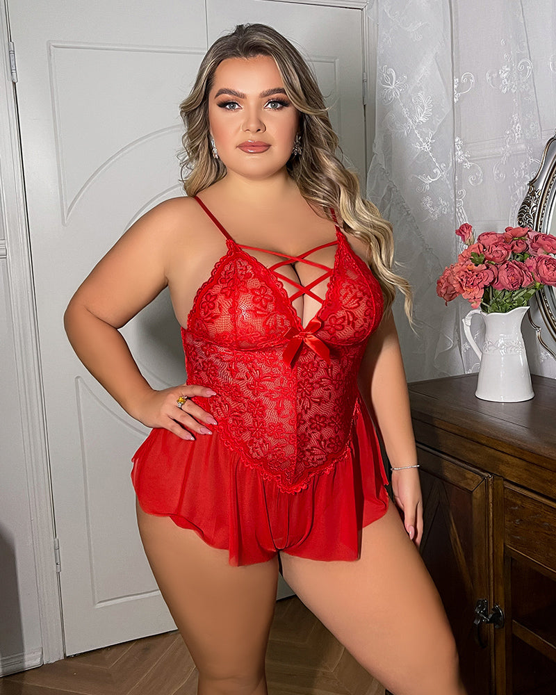 Plus Size Deep Red Lace Bodysuit with Strappy Details-Bodysuit-Bellascena-bellascena