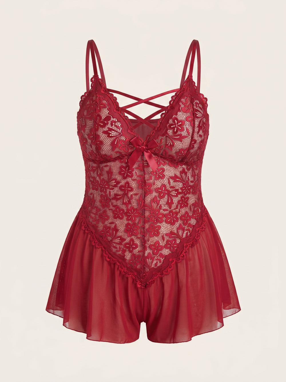 Body in pizzo rosso scuro con dettagli a spalline, taglie forti