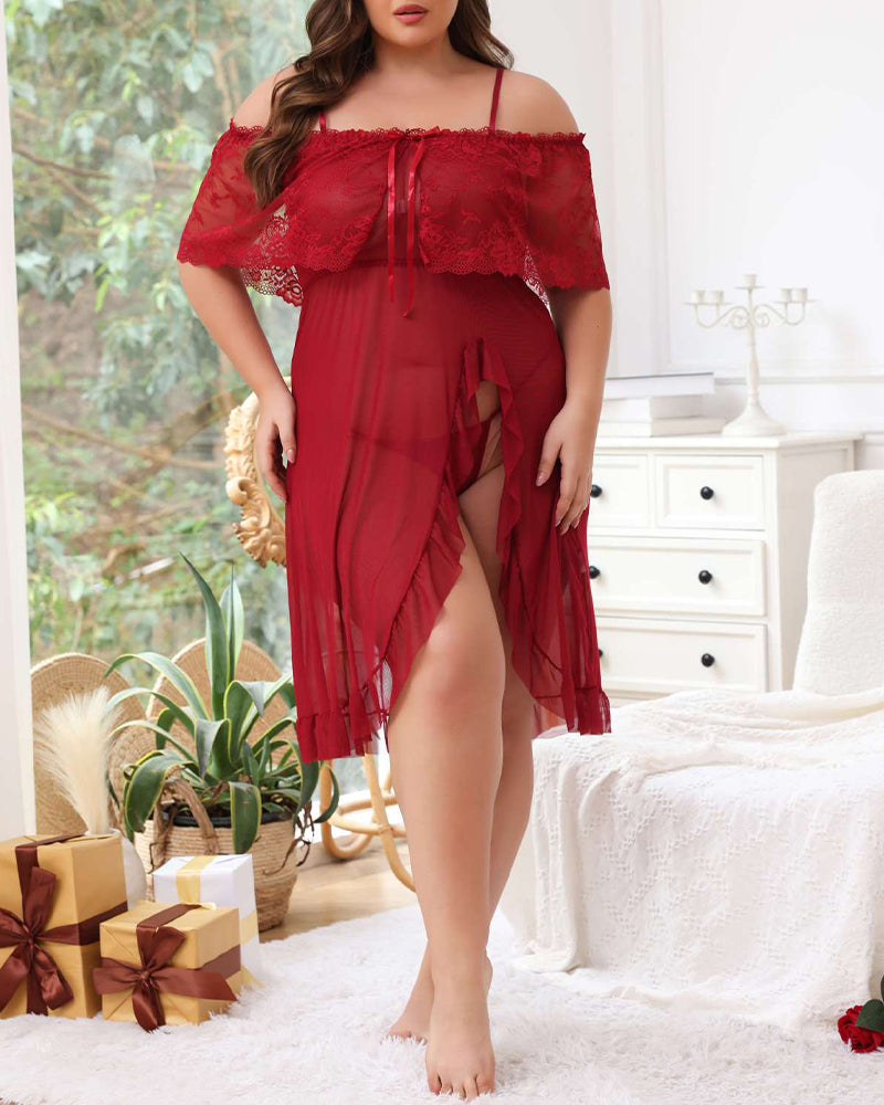 Plus Size Deep Red Lace Nightdress and Panty Set with Sheer Elegance-Nightgown-Bellascena-bellascena