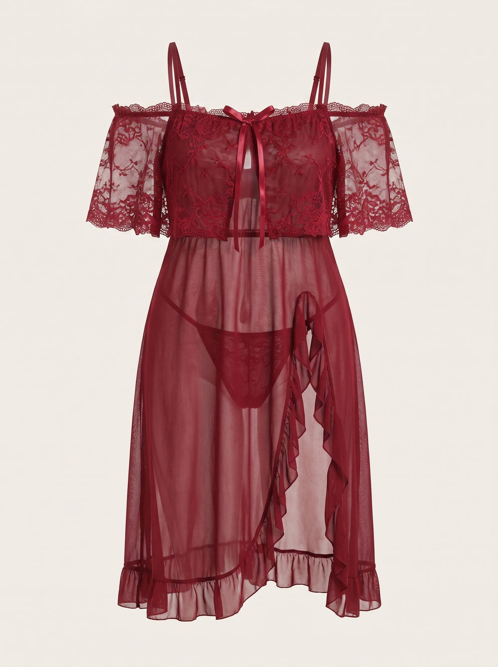 Set camicia da notte e mutandine in pizzo rosso scuro per taglie forti con elegante trasparenza