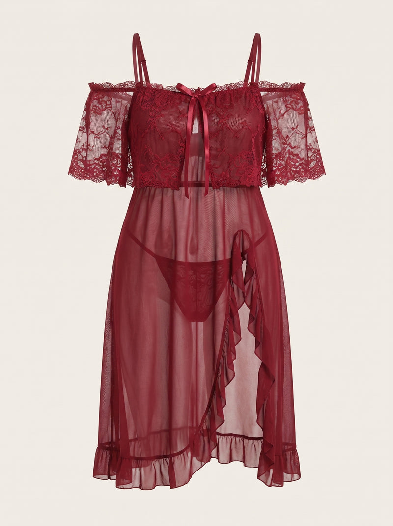 Ensemble nuisette et culotte en dentelle rouge foncé grande taille avec élégance transparente