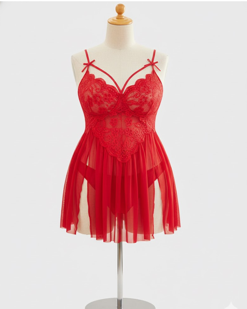 Plus Size Deep Red Mesh Babydoll with Lace Cups and Side Slit-Lingerie Set-Bellascena-bellascena