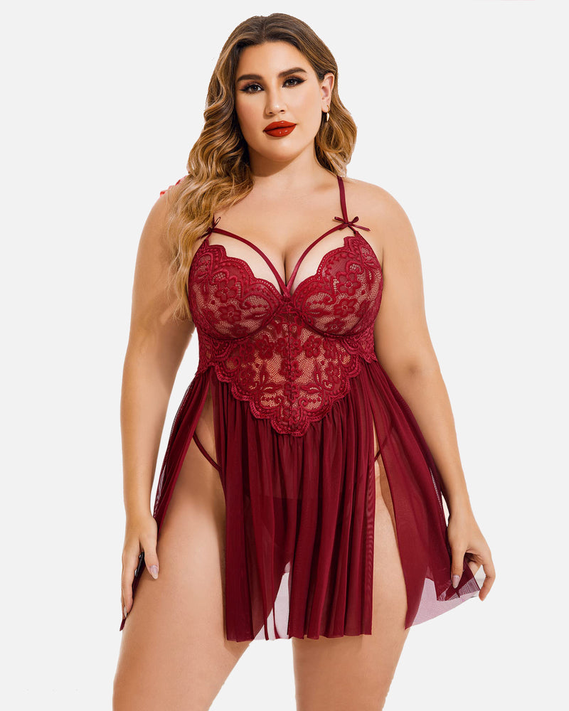 Plus Size Deep Red Mesh Babydoll with Lace Cups and Side Slit-Lingerie Set-Bellascena-bellascena