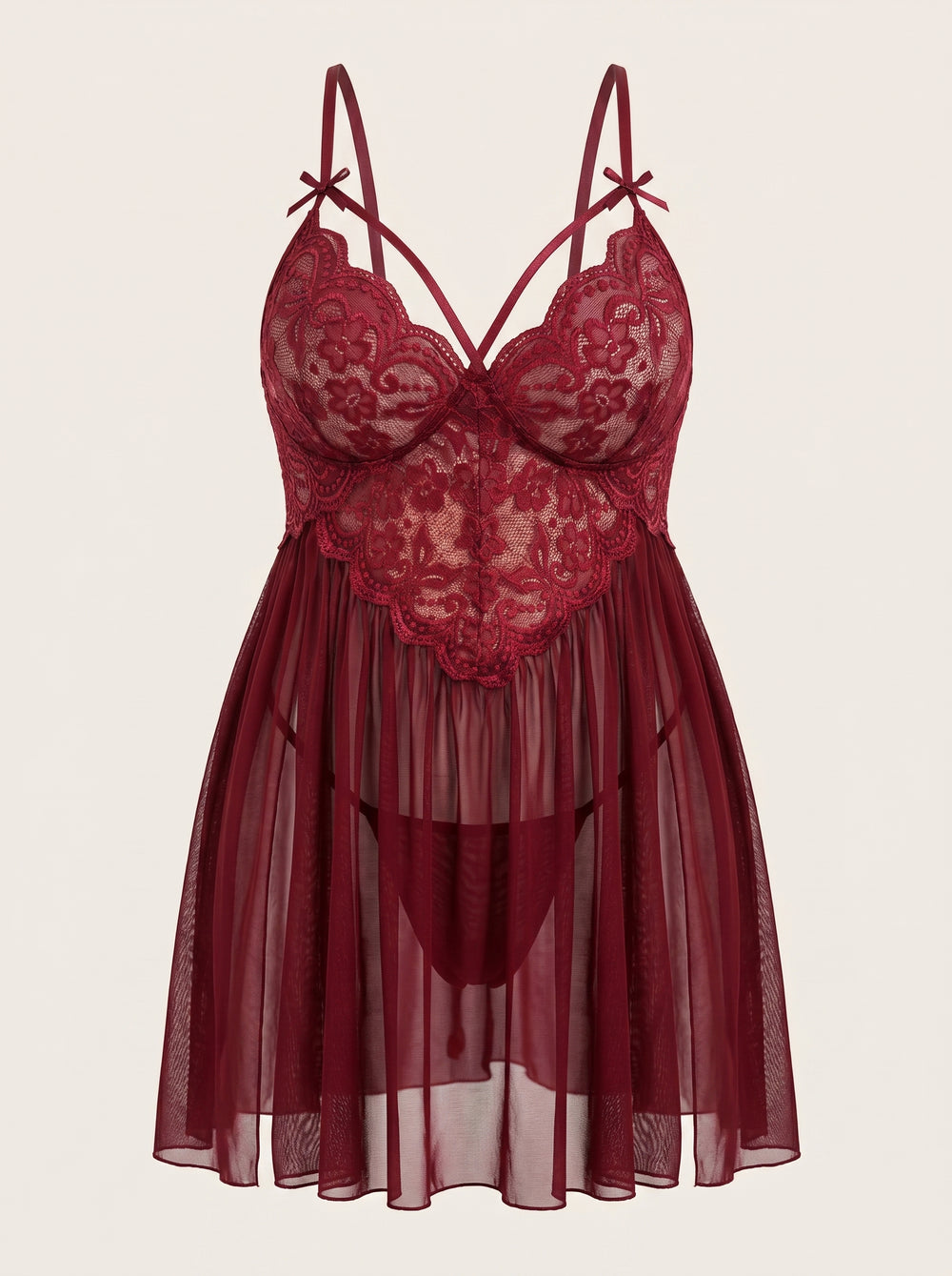 Babydoll en résille rouge foncé grande taille avec bonnets en dentelle et fente latérale