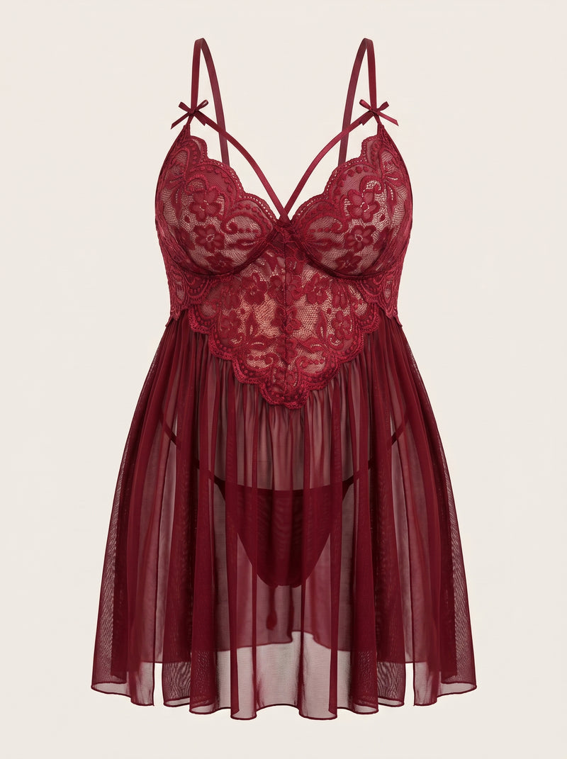 Babydoll in rete rosso scuro per taglie forti con coppe in pizzo e spacco laterale