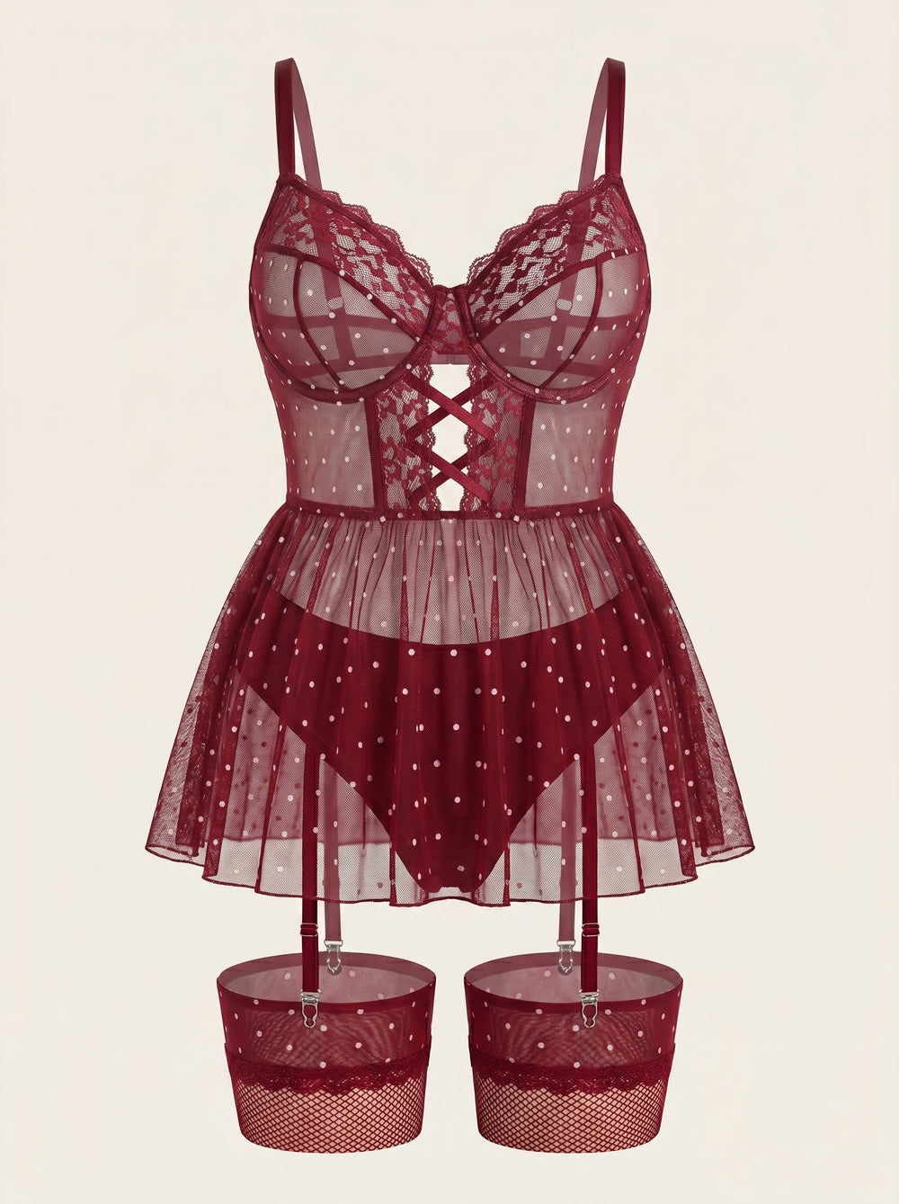Camicia da notte in pizzo rosso scuro a pois per taglie forti con bordo smerlato