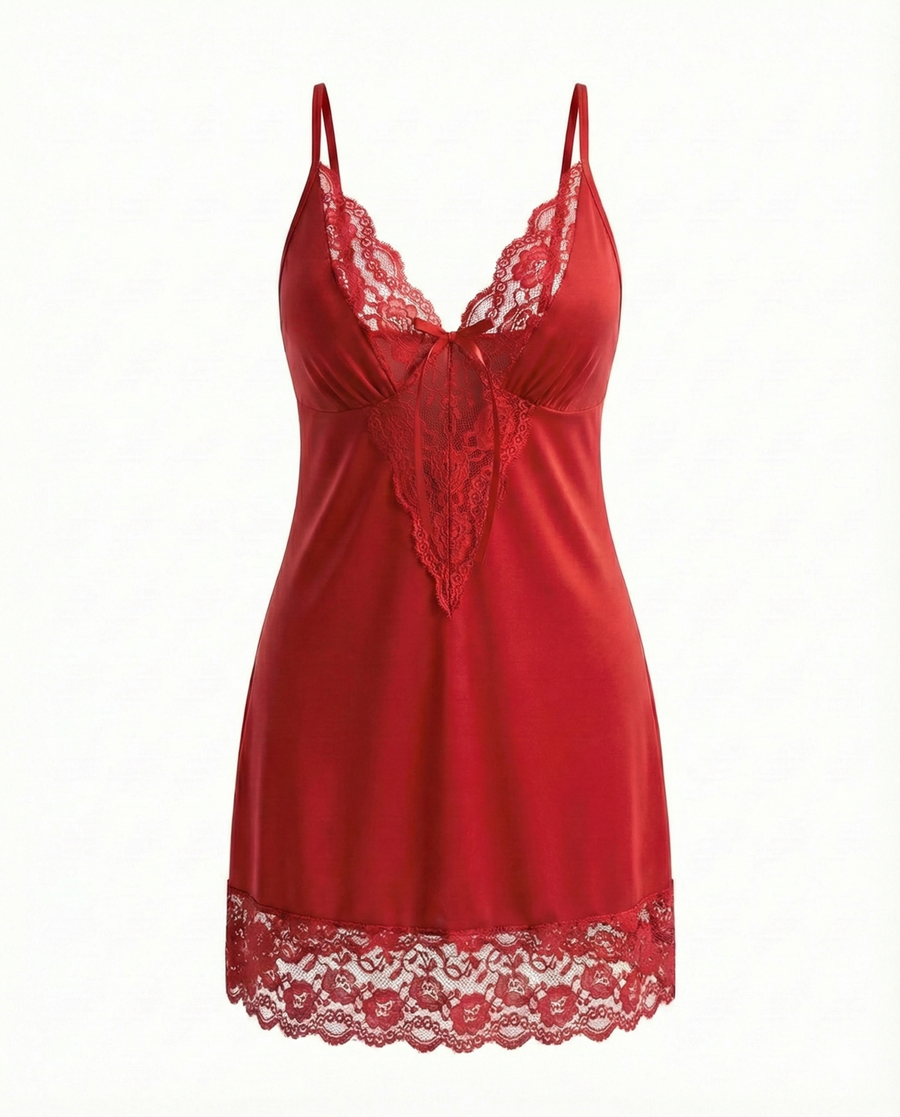 Plus Size Deep Red Satin Cami Dress with Deep V detail-Nightgown-Bellascena-bellascena
