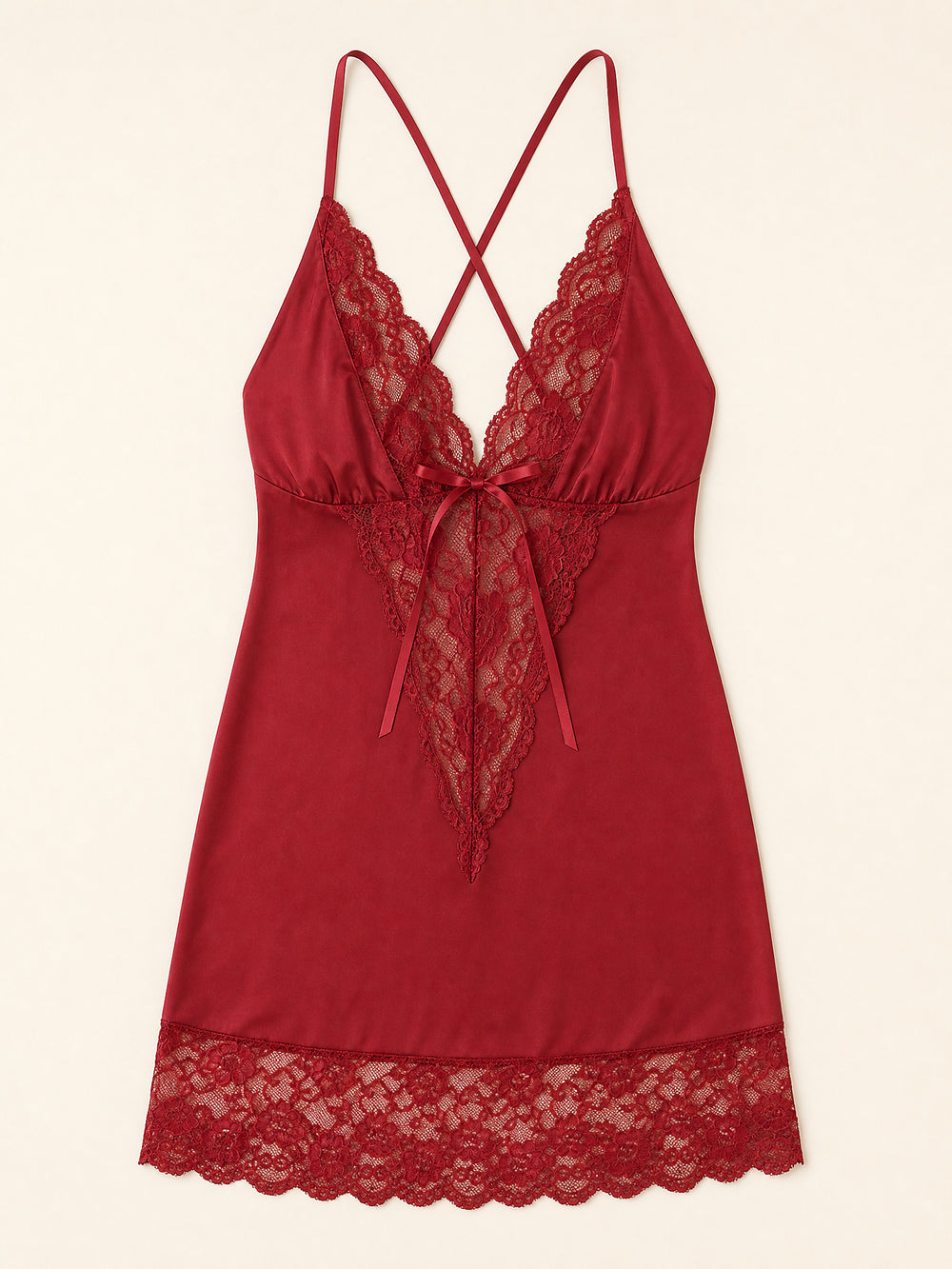 Plus Size Deep Red Satin Cami Dress with Deep V detail