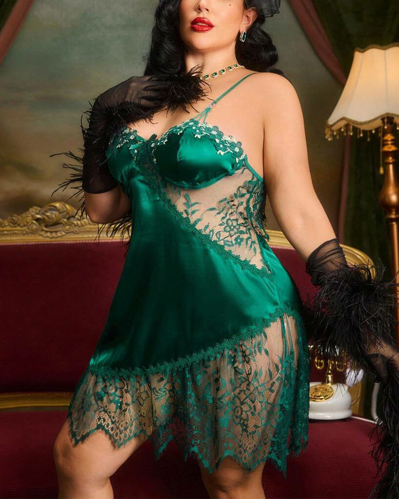 Plus Size Deep Red Satin Nightgown with Floral Lace-Nightgown-Bellascena-bellascena