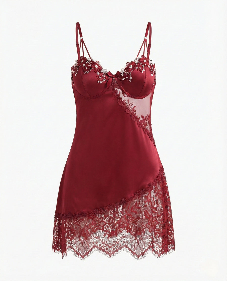 Plus Size Deep Red Satin Nightgown with Floral Lace-Nightgown-Bellascena-bellascena
