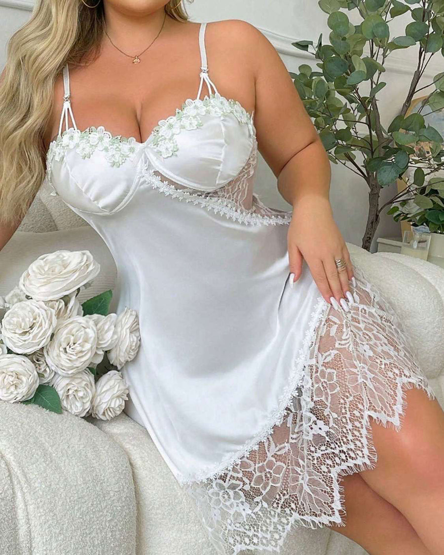 Plus Size Deep Red Satin Nightgown with Floral Lace-Nightgown-Bellascena-White-S-bellascena