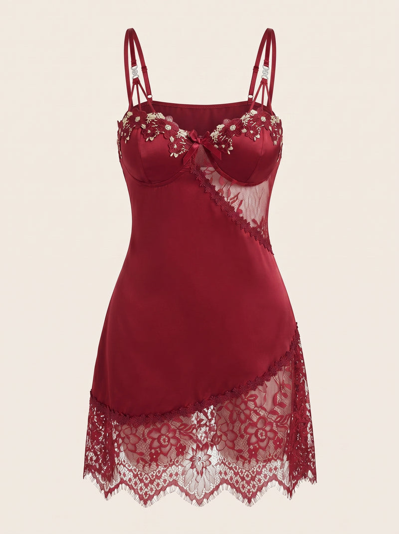 Plus Size Deep Red Satin Nightgown with Floral Lace