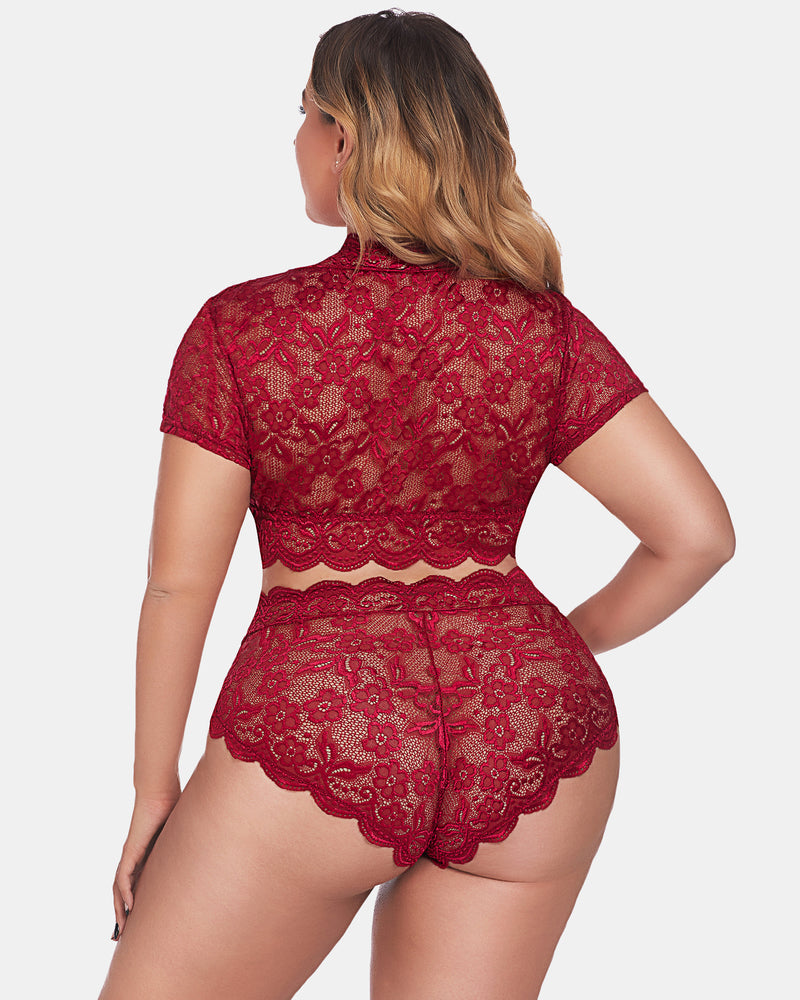 Plus Size Floral Green Lace Lingerie Set with Deep V Design-Lingerie Set-Bellascena-bellascena