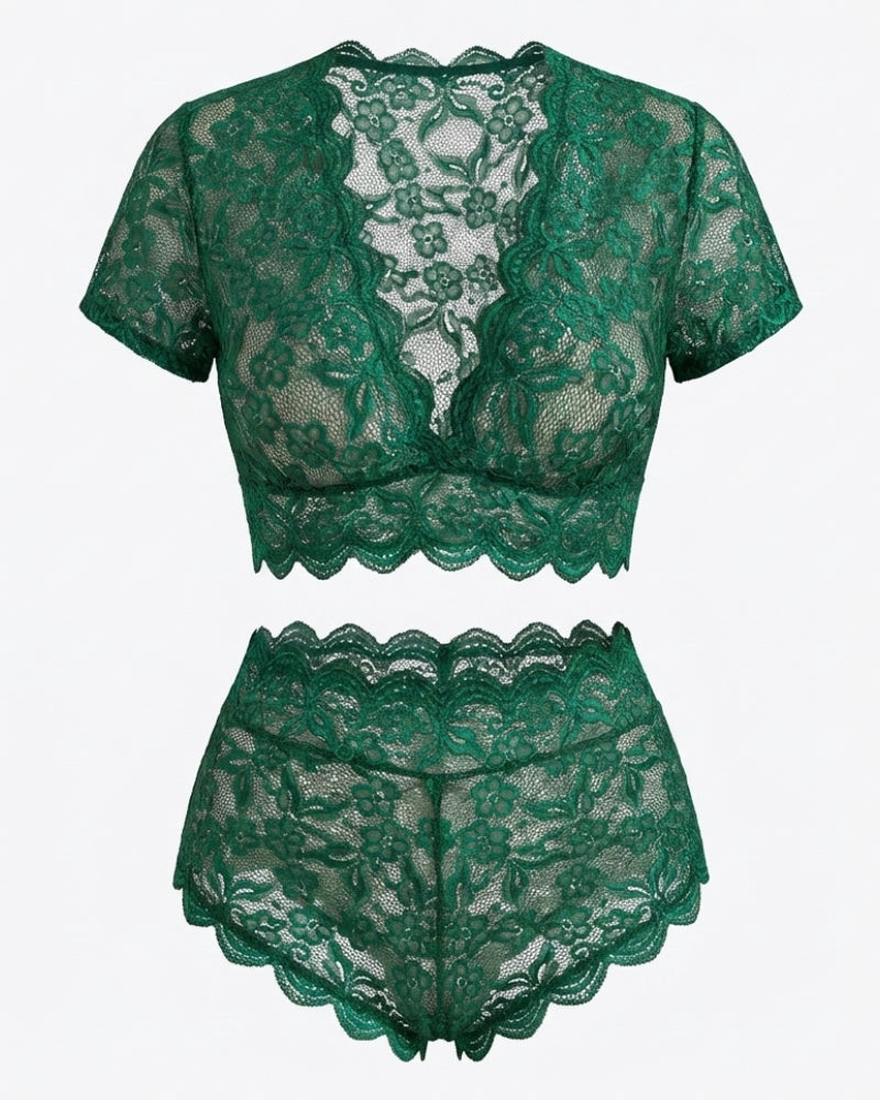 Plus Size Floral Green Lace Lingerie Set with Deep V Design-Lingerie Set-Bellascena-bellascena