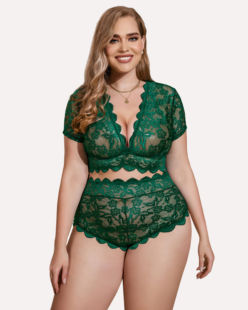 Plus Size Floral Green Lace Lingerie Set with Deep V Design-Lingerie Set-Bellascena-bellascena