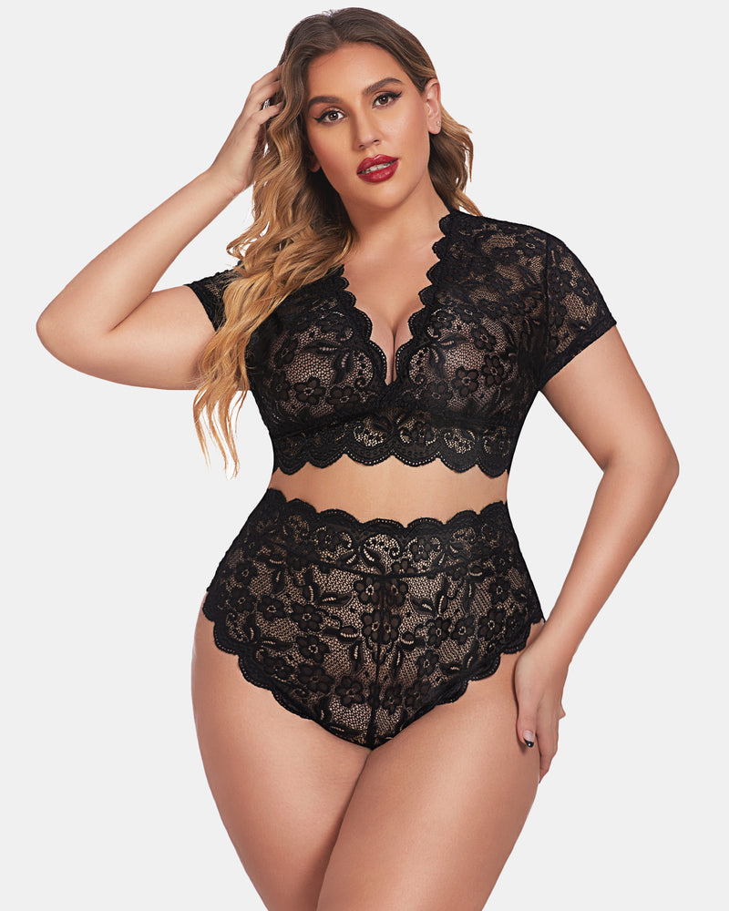 Plus Size Floral Green Lace Lingerie Set with Deep V Design-Lingerie Set-Bellascena-Black-S-bellascena