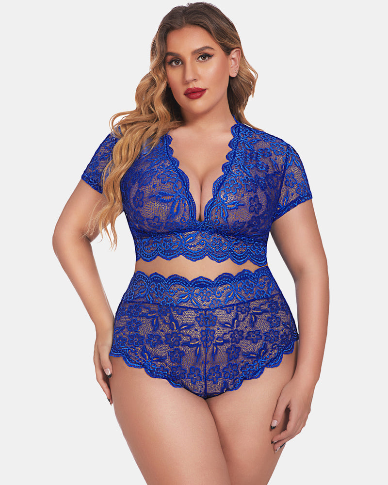 Plus Size Floral Green Lace Lingerie Set with Deep V Design-Lingerie Set-Bellascena-Blue-S-bellascena