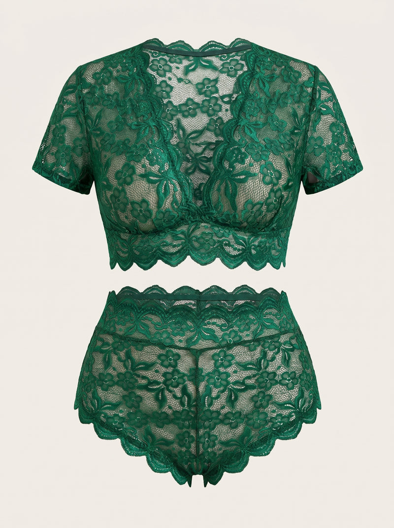 Set lingerie in pizzo verde floreale per taglie forti con design a V profonda