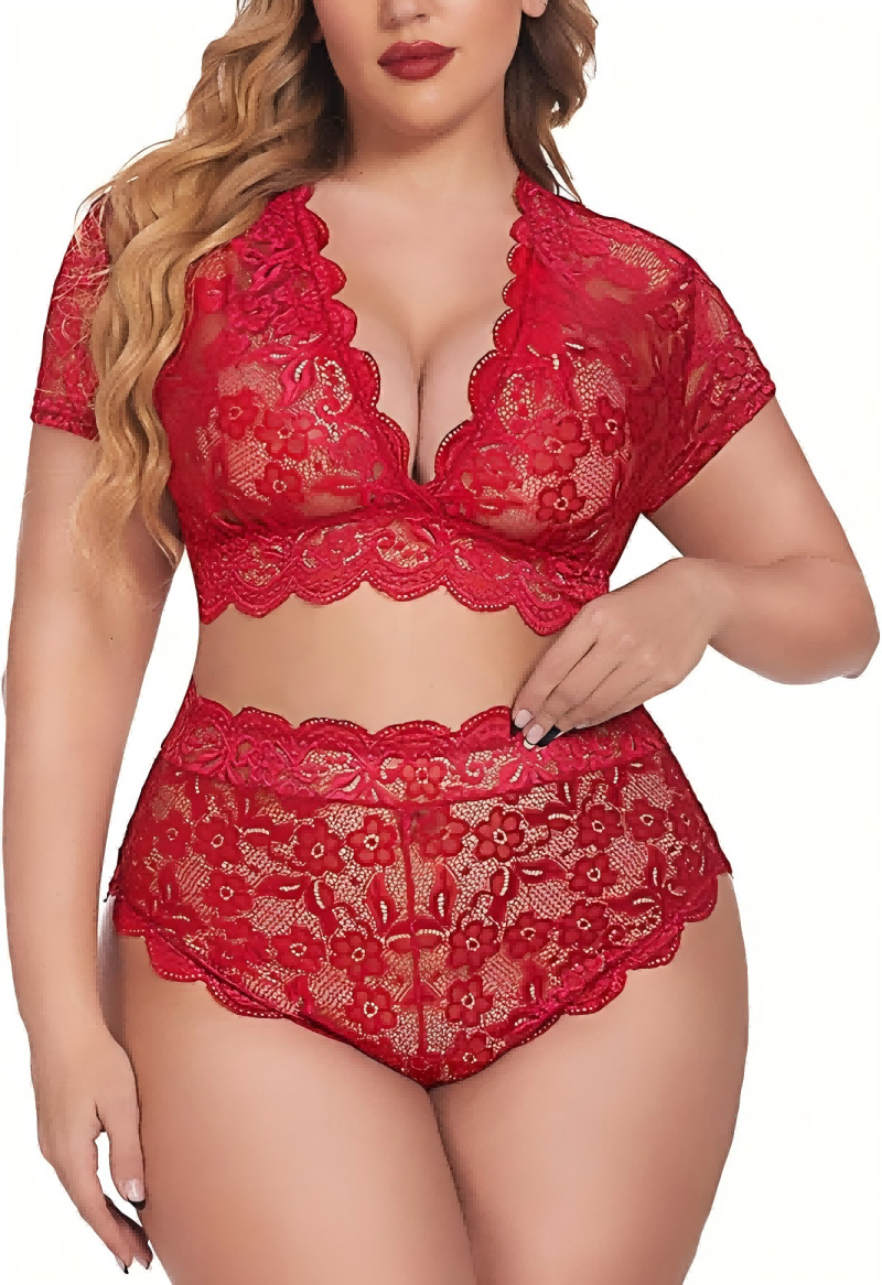 Plus Size Floral Green Lace Lingerie Set with Deep V Design-Lingerie Set-Bellascena-Red-S-bellascena