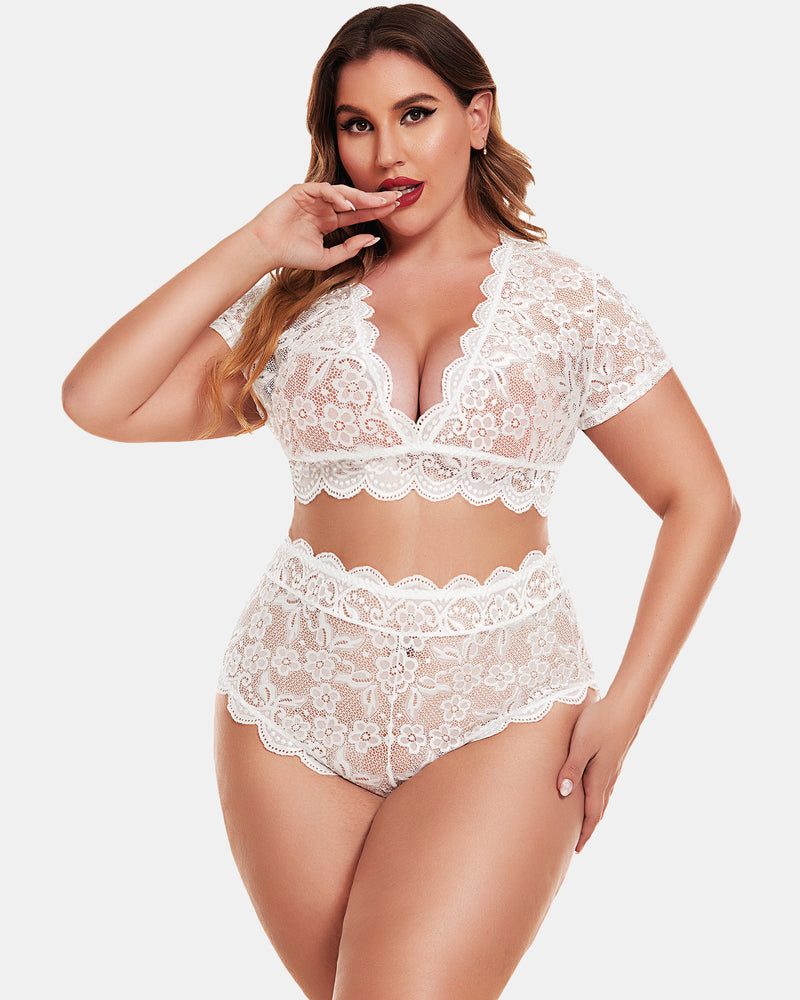 Plus Size Floral Green Lace Lingerie Set with Deep V Design-Lingerie Set-Bellascena-White-S-bellascena